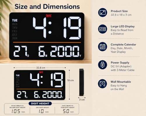 Image of Ajanta Quartz Digital Wall Clock with Large Display Day Date Month Year Display ABS Plastic Body Rectangle USB Powered LED Wall Clock for Hall Home Office Bedroom 32.8 x 21.8 x 3 cm OLC-501 (White)