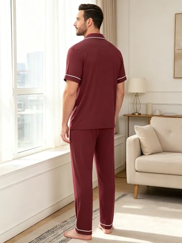 Image of Men's Short Sleeve Pajama Set, Soft Cotton Button Down Sleepwear Top & Long Pants, Loungewear PJs with Pockets S-XXXL