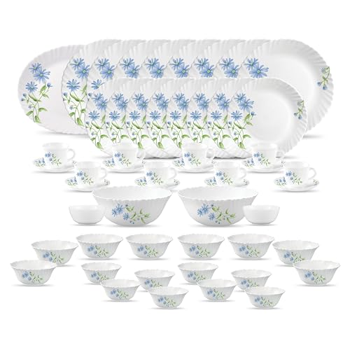 Image of La Opala Diva Classique Collection Opal Glass Crockery | for Family of 8 | Dinner Set 53 pcs Blue Daisy | Plates, Bowls & Cups for Dining | Microwave Safe | 100% Vegetarian | Extra Strong | White