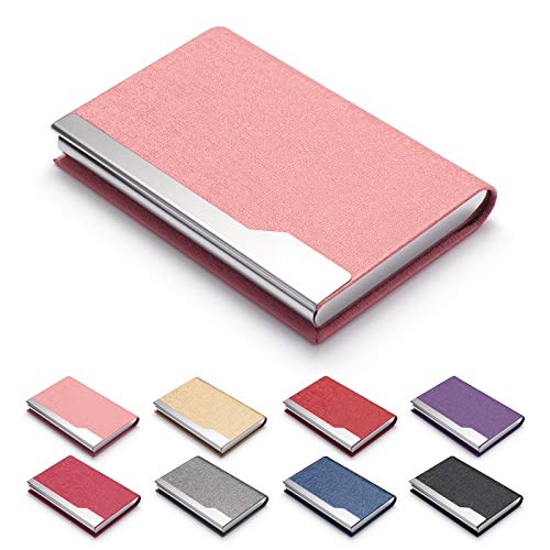 FACATH Business Card Holder Case - Luxury PU Leather Name Card Holder & Stainless Steel Multi Card Case, Slim Metal Pocket Card Holder Wallet Credit Card ID Case/Holder with Magnetic Shut - Pink