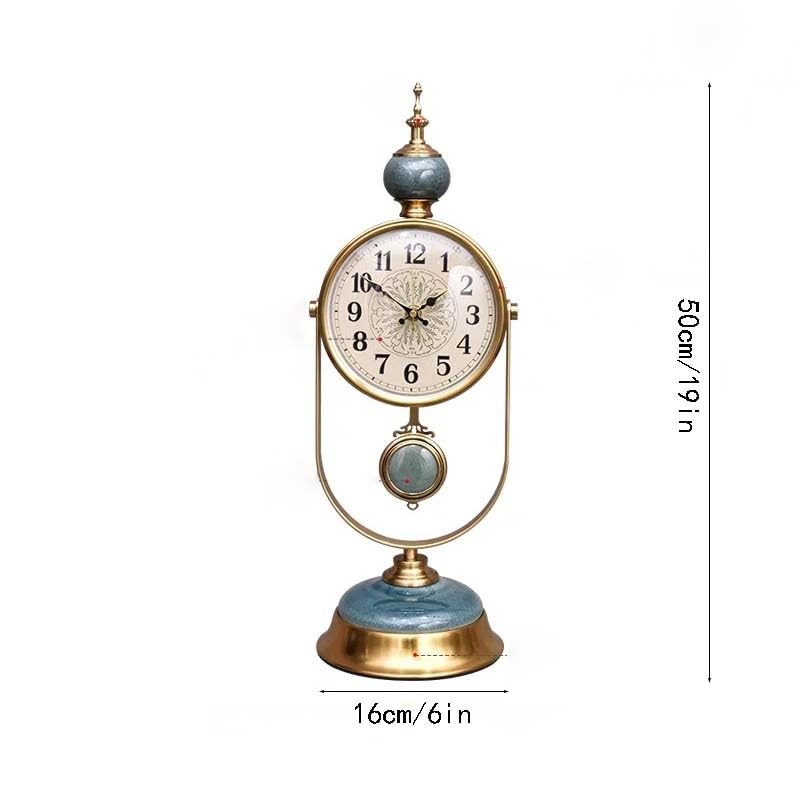 Reloj de mesa retro de metal con péndulo tallado calado para decoración de salón y dormitorio, 50 x 16 cm
