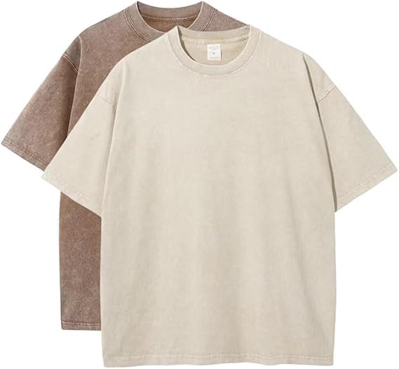 2PCS Men Oversize T-Shirt Men's Heavy Cotton Summer T-Shirt tee Loose Fit Short Casual Wash Solid Basic tee Tops (S,06)