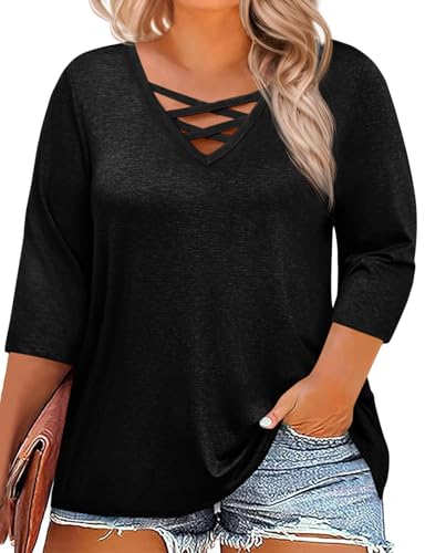 Beautife Womens Plus Size 3/4 Sleeve Tops Summer Casual Criss Cross V Neck T-Shirts Loose Fit Tees Tunic Shirts