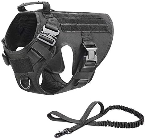 Tactical Dog Harness Vest with Handle Military Working Training Molle Vest with Metal Buckles & Loop Panels for Large Dogs for Walking Hiking Hunting Training Free Bungee Dog Leash (Black L)
