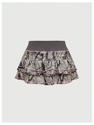 Women's Y2K Vintage Camo Layered Ruffle Mini Skirt Elastic High Waisted A Line Skirts2