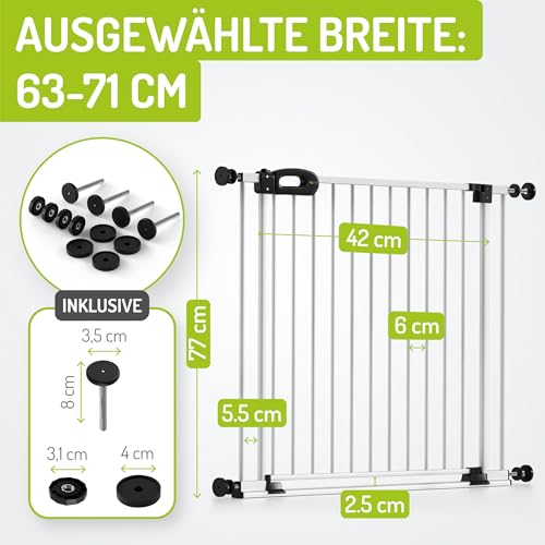 Bomi Treppenschutzgitter Merle Flatstep, Breite 63-71 cm | Türschutzgitter ohne Bohren, stabile Kindersicherung für Kind & Hund, TÜV geprüftes Hundegitter, Türgitter, Treppengitter, Metall Weiß