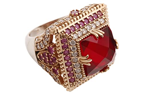 Turkish Handmade Jewelry Square Shape Ruby and Round Cut Topaz 925 Sterling Silver Ring Size Option