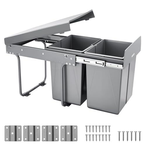 VEVOR Cubo de Basura Extraíble a Armarios de Cocina, 20 L x 2, para Debajo del Fregadero, Bajo Encimera, con Sistema Deslizante de Extensión Completa de Metal Resistente y Asa, 492 x 340 x 430 mm