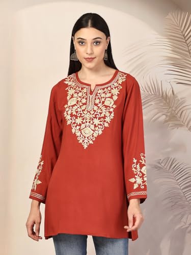 Image of QAZMI Women's Jasmine Kashimiri Aari Embroidered Viscose Rayon A-Line Flared Short Kurti