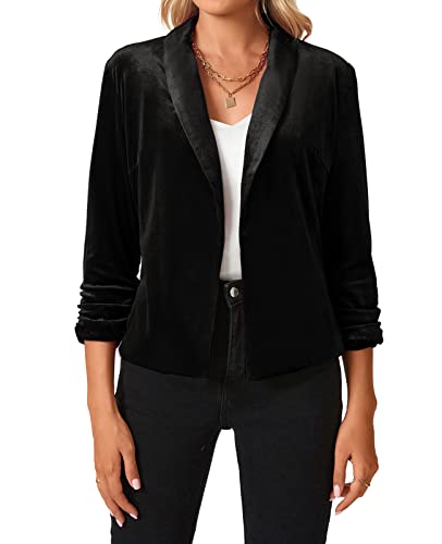 MINTLIMIT Women's Velvet Blazer 3/4 Ruched Sleeve Open Front Blazers Casual Lightweight Shawl Lapel Jackets2