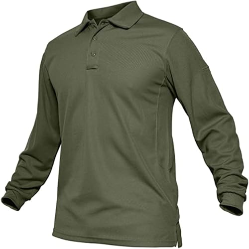 Polo de manga larga para hombre, de secado rápido, de rendimiento, con cuello, camiseta táctica de piqué, camiseta de golf, verde, L