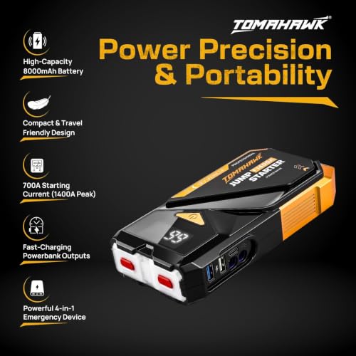 Image of TOMAHAWK JUM-5635 Jump Starter PowerBank | 8000mAh Battery | Fast-Charging | 700A (1400 A Peak) | LED Flashlight with SOS & Strobe | Type-C Quick Recharge | Car, Bike, LED Light in Travel, Cooking