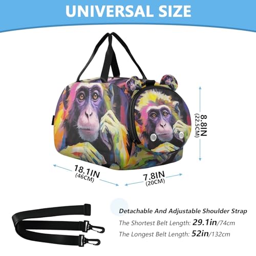 YETTASBIN Sport Travel Duffel Bag for Girls Boys, Monkey Large Waterproof Weekender Overnight Bag, Detachable Shoulder Strap Gym Bag with Shoe Compartment & Wet Pocket3