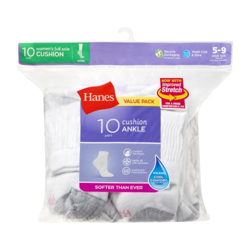 Hanes Womens Value, Ankle Soft Moisture-wicking Socks, Available In 10 And 14-packs Athletic-socks, White - 10 Pack, 5-9 US - image 5