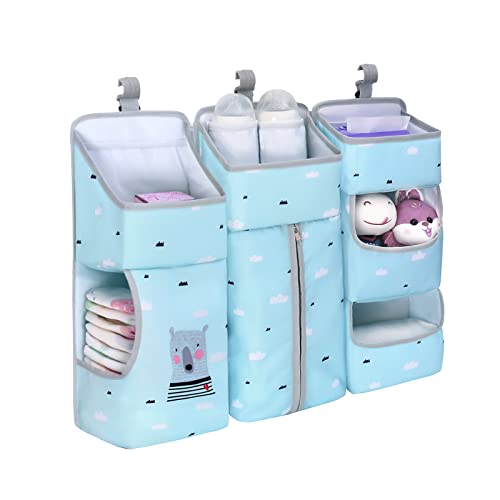 amo nenes Organizador de Pañales Colgante para Cuna de Bebé y Cambiador Colgando Bolsa de Almacenamiento Impermeable 3 en 1 Organizador de Guardería con 7 Compartimentos para Pañales y Juguetes, Azul