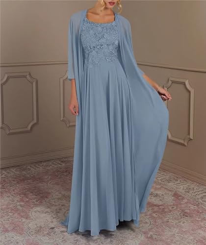 2 Piece Mother of The Bride Dresses with Jacket Long Chiffon Lace Mother of Groom Dresses for Wedding 3/4 Sleeve2