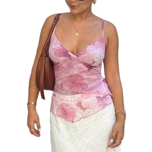 Women Y2k Mesh Tank Top Camisole Floral Print Spaghetti Strap Sleeveless V Neck Going Out Tops Cami Shirts