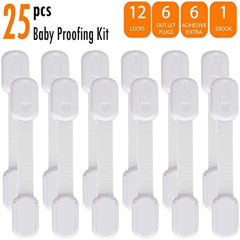 Baby Proof Drawer Locks (12 Pack) Adjustable Packs/no Tools/+Outlet Plug Covers 6 Units + 6 Extra 3m Adhesive + ebook, Baby Proof Cabinet latches for Oven-Toilet Seat-Fridge, no Drilling Needed