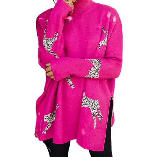 Image of Casual Long Sleeve Top with Retro Tiger and Leopard Print, Women's Turtleneck Sweatshirts, Knit Long Sleeve Side Slit Casual Pullover Sweatshirt Tops (Rose Red,M)