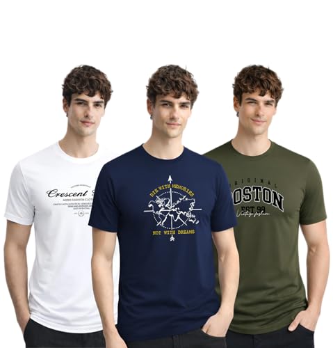 Image of ADRO Mens Printed Cotton T-Shirts Pack of 3 | Regular Fit Graphic Tshirt | Breathable Modern Stylish Casual T Shirt for Travel Gym Daily Lifestyle
