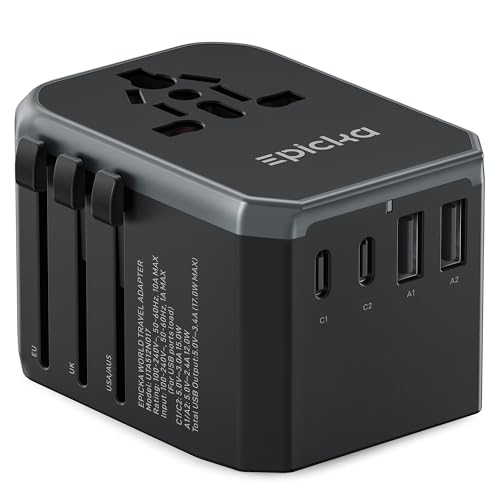 EPICKA Reiseadapter Weltweit Universal Reisestecker Adapter 17W Internationaler Steckdosenadapter mit 2 USB A und 2 USB C für Deutschland USA UK Japan Thailand Australien TA-104e