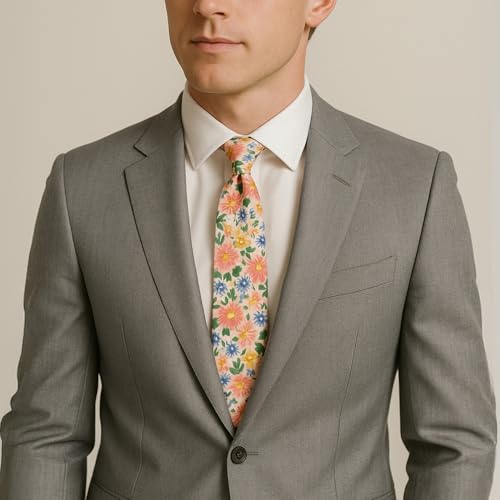 Image of Parquet Mens Floral Tie | Cotton Printed Skinny Necktie for Wedding | Spring & Summer
