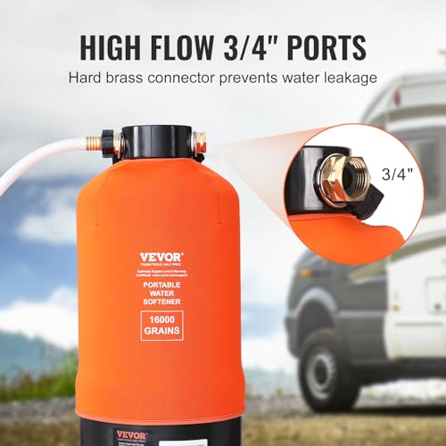 Image of VEVOR RV Water Softener, 16,000 Grain Portable Water Softener, with 3 /4 inch Brass Fittings and 42 inch Hose, Soften Hard Water Filter System for RVs, Trailers, Boats, Mobile Car Washing, Pressure Washing | Filter System for RVs, Trailers, Boats, with 3 /4 inch Brass Fittings and 42 inch Hose, Portable Mobile Car Washing, Pressure Washing