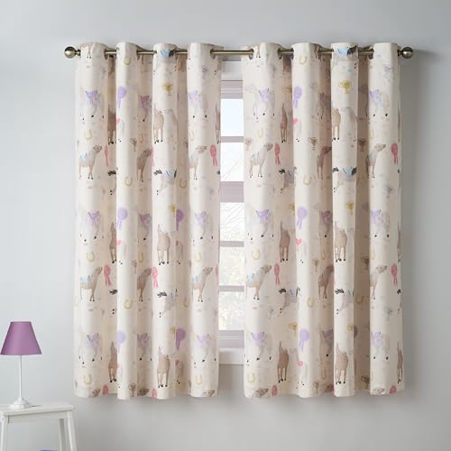Catherine Lansfield Kids Happy Horses Fully Reversible 66x72 Inch Eyelet Curtains Two Panels Cream