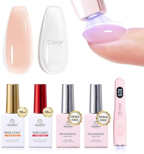 Beetles Builder Gel Nails Kit HEMA Free & Handheld Nail Lamp, 8 in 1 Clear Natural Nude Building Gel with Base Top Coat, for Thickening Strengthening Shaping Apex, for Beginner DIY Salon at Home Gifts