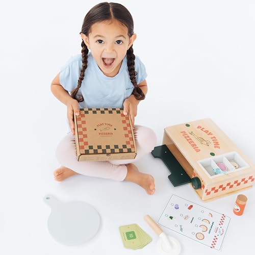 Image of Pearhead Wooden Pizzeria Play Food Set, 38-Piece Pizza Oven Toy | Montessori Pretend Kitchen Accessories, Pizza Toppings, Preschool Learning Toys for Toddlers, Ages 3+