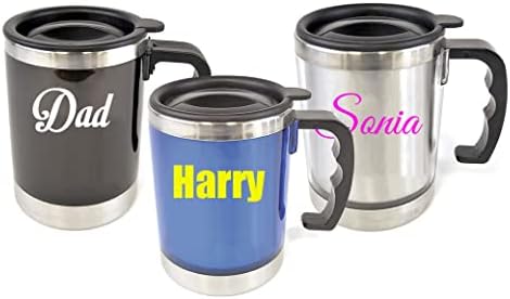 Personalised Custom Travel Mug with Lid and Handle - Stainless Steel Interior - Plastic Exterior - Any Name, Word, Business, Sports, School, Promotional Merchandise