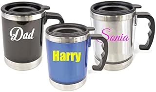 Personalised Custom Travel Mug with Lid and Handle - Stainless Steel Interior - Plastic Exterior - Any Name, Word, Business, Sports, School, Promotional Merchandise