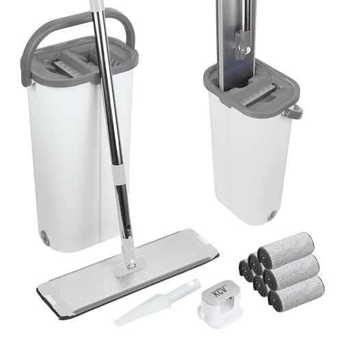 KCVONLINE Mopa XL 39 cm con Cubo Escurridor, Más Ancha Que Estándar (32 cm), Limpieza Rápida, Acabado en Aluminio, Incluye Clip de Pared con Ventosa, 6 Almohadillas, Mango INOX – Gris