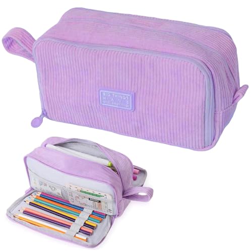 MUYAPAY Estuche Gran Capacidad de Pana con 3 Compartimentos, Estuche Escolar Multifuncional Estuches de Papelería para Niñas y Niños para la Escuela o la Oficina (Morado)