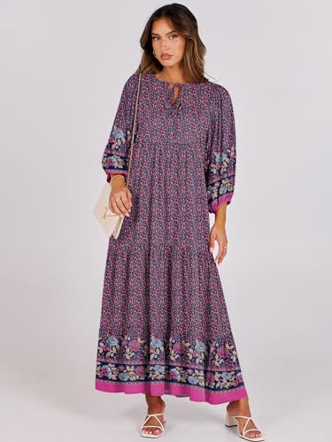Image of ANRABESS Womens Boho Floral 3 /4 Puff Sleeve Maxi Dress