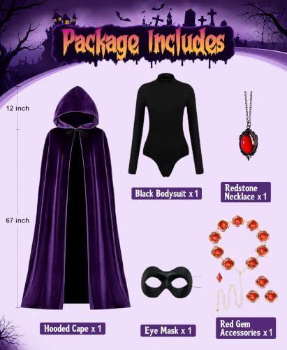 Image of Raven Costume for Women, 6PCS Halloween Costume Set for Women with Purple Hooded Cloak, Bodysuit & Red Gem Belt