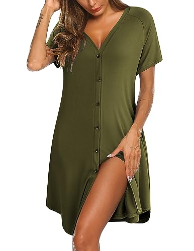 Image of Ekouaer Women's Button Down Nightgown Short Sleeve Sleepshirt V Neck Night Shirt Soft Pajamas Dress with Pockets