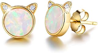 Gift for Christmas Esberry 18K Gold Plating 925 Sterling Silver Opal Cat Stud Earrings Cute Cat with Natural Stone Hypoallergenic Earrings for Women and Girls (Yellow Gold-White Opal)