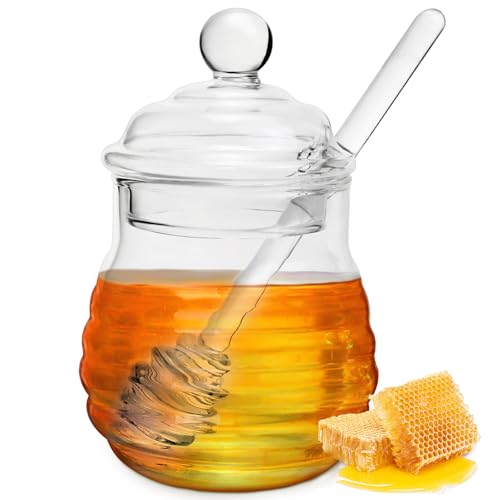 WPPQWP 300ml Honigspender, Honigglas mit Honiglöffel, Versiegelter Honigtopf, Honigglas aus Glas für Sirup Bienenstock Küche Speicherung