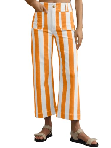 Womens Striped Jeans Wide Leg Trousers Casual High Waisted Stretchy Straight Leg Denim Pants with Pockets