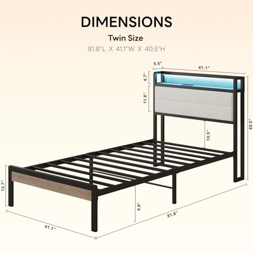 Image of LIKIMIO Twin Bed Frame with Storage Headboard & LED Lights, Metal Platform Bed with Charging Station, Noise Free, No Box Spring Needed, Under Bed Storage, Natural and Cream