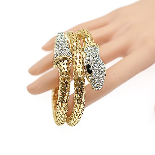 Punk Hip Hop Popular Crystal Curved Stretch Snake Bracelet Adjustable Intertwine Gothic Cool Rhinestone Animal Cuff Bangle Bracelet For Women Ladies Wristband Jewelry Accessories (Gold) #TOP4