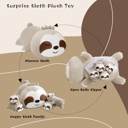 Image of TOYSYM Sloth Stuffed Animal Cute Sloth Plush Pillow with 4 Baby Plushies in Her Tummy, Soft Cotton Stuffed Animals Toy Gifts for Kids