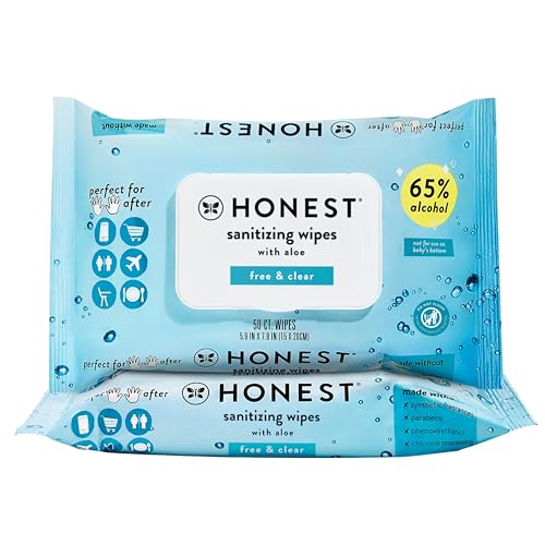 Image of The Honest Company Fragrance Free Sanitizing Alcohol Wipes | Antibacterial + Safe for Hands | Kills 99% of Germs, Made With Aloe | 100 Count (2 Packs of 50)