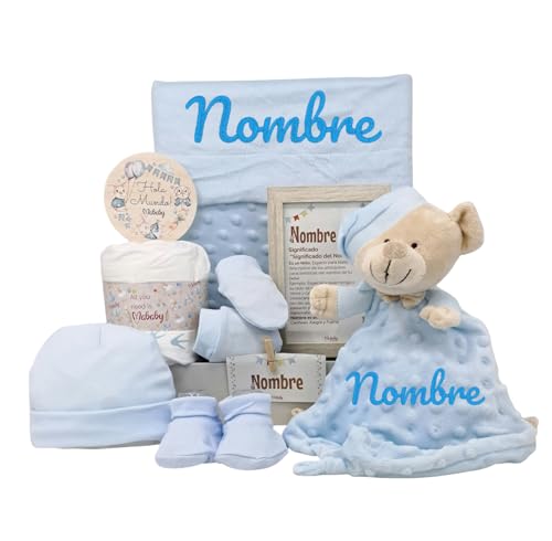 Mababyshop Velvet Canastilla Bebé Personalizada Niño con Manta Burbujas, Dou Dou de Apego y Primera Puesta, Regalo Baby Shower, Azul
