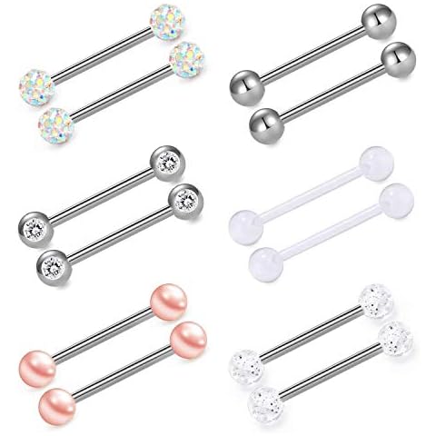 incaton Anillos de pezón Piercing de Lengua Acero quirúrgico Anillos en el pezón Piercing Mujeres Plata Barbells 14G 6 Pairs 14mm Cover