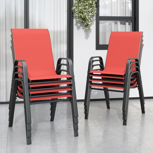 Image of Patio Chairs Set of 8, Stackable Outdoor Dining Chairs for All Weather Textilene Fabric & Metal Frame, Outdoor Chairs Set for Backyard Deck Garden