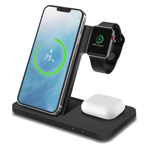 MMOBIEL Trådlös laddningsstation kompatibel med iPhone, Apple Watch och AirPods - hopfällbar 3-i-1 trådlös laddare kompatibel med Qi Magsafe-laddning - induktiv laddare för telefoner - svart