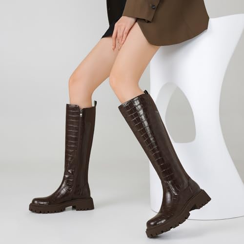 Image of TEAIEU Knee High Boots for Women, Platform Chunky Block Low Heel Tall Boots, Round Toe Side Zipper Fall Long Boots for Dress, Stretch Calf, Comfortable