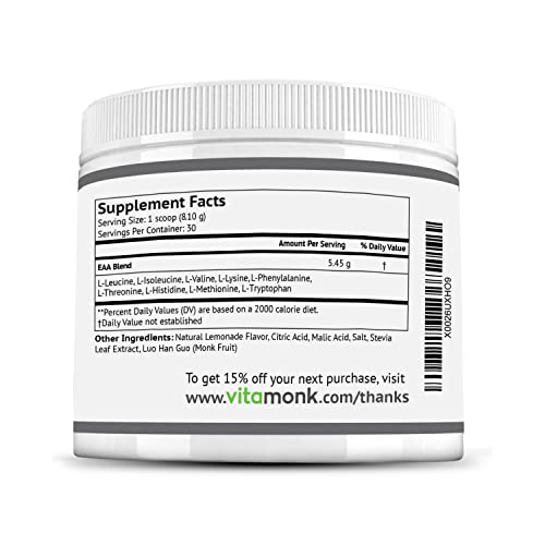 Vitamonk Clean Eaa - Eaas With No Artificial Sweeteners For Pre-Workout, Energy And Recovery - Max Bioavailable Eaa Powder With 9 Essential Amino Acids - Natural Lemonade Flavor #TOP7